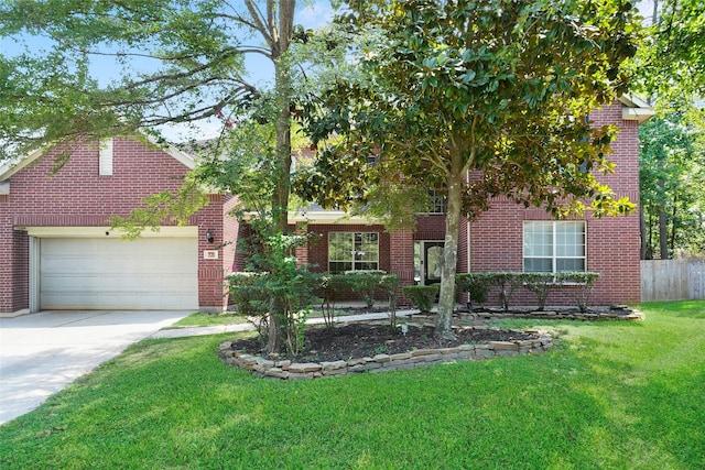 18 S April Mist Cir, The Woodlands, TX 77385 - view of property hidden behind natural elements with concrete driveway, an attached garage, and brick siding