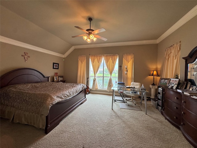17907 Camp Cove Dr, Cypress, TX 77429 - bedroom with carpet flooring, an office area, crown molding, ceiling fan, and vaulted ceiling