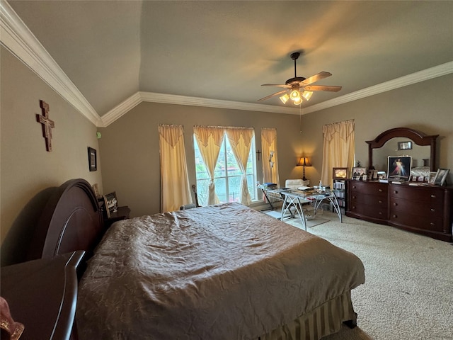 17907 Camp Cove Dr, Cypress, TX 77429 - bedroom with carpet, access to outside, ornamental molding, ceiling fan, and vaulted ceiling