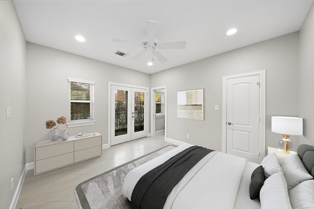 1829 W Main St Unit C, Houston, TX 77098 - bedroom featuring access to outside, french doors, light tile patterned floors, recessed lighting, and a ceiling fan