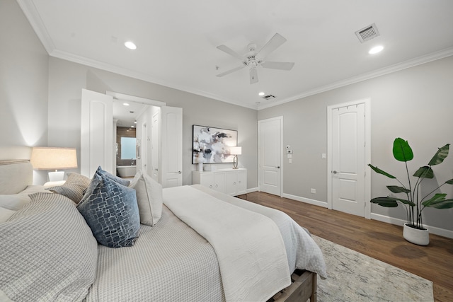 1829 W Main St Unit C, Houston, TX 77098 - bedroom with wood finished floors, recessed lighting, crown molding, and ceiling fan