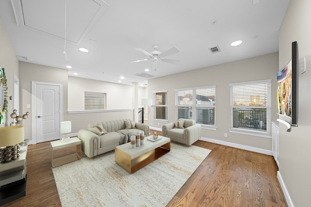 1829 W Main St Unit C, Houston, TX 77098 - living area featuring attic access, wood finished floors, recessed lighting, and ceiling fan