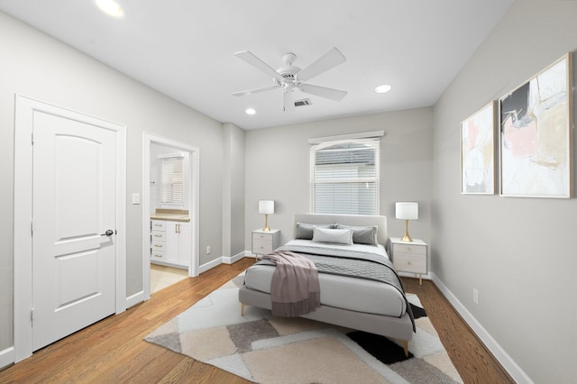 1829 W Main St Unit C, Houston, TX 77098 - bedroom featuring light wood-style floors, recessed lighting, connected bathroom, and ceiling fan