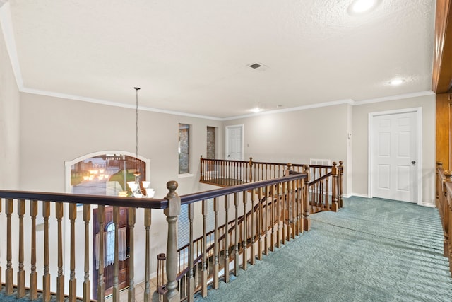 3318 Teawick Ct, Houston, TX 77068 - hallway featuring an upstairs landing, carpet, a chandelier, ornamental molding, and recessed lighting