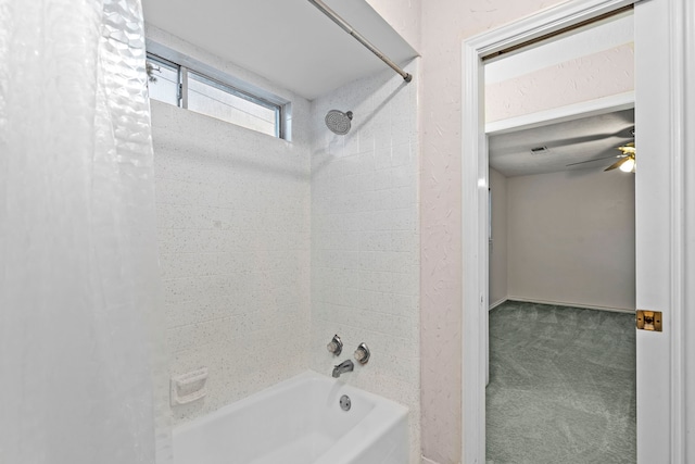3318 Teawick Ct, Houston, TX 77068 - bathroom with shower / bathtub combination with curtain and a ceiling fan