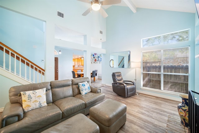 17383 Harbor Dr, Montgomery, TX 77356 - living room featuring high vaulted ceiling, stairway, beam ceiling, wood finished floors, and ceiling fan