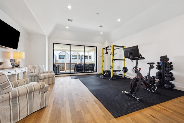1240 W 16th St, Houston, TX 77008 - exercise area with wood finished floors, lofted ceiling, and recessed lighting