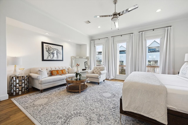 1240 W 16th St, Houston, TX 77008 - bedroom featuring wood finished floors, ornamental molding, access to outside, ceiling fan, and recessed lighting