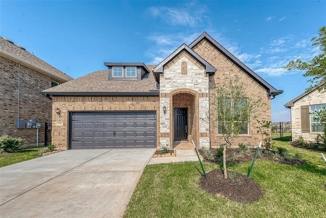 2040 Terra Rose Dr, Katy, TX 77493 - french country style house featuring brick siding, a garage, concrete driveway, and a shingled roof