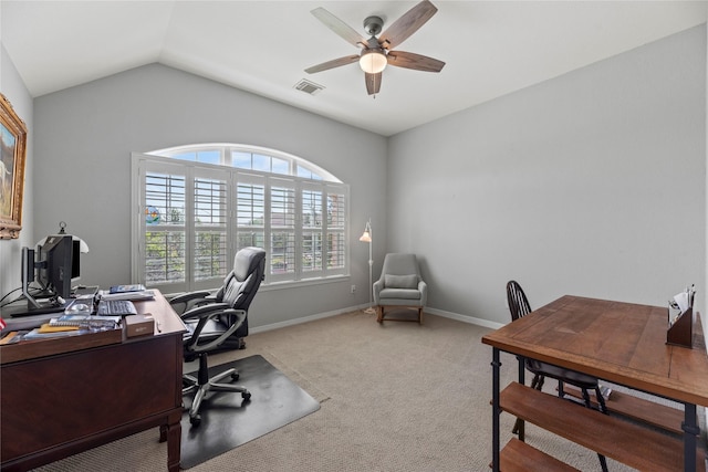 3211 Lakes Of Katy Ln, Katy, TX 77493 - home office with a ceiling fan, lofted ceiling, and carpet flooring
