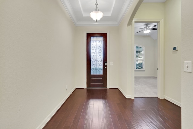 15 Floral Hills Ln, Fulshear, TX 77441 - entryway featuring dark wood-style floors, a raised ceiling, ceiling fan, and ornamental molding