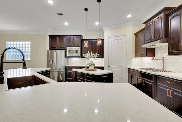15 Floral Hills Ln, Fulshear, TX 77441 - kitchen featuring stainless steel appliances, under cabinet range hood, ornamental molding, dark brown cabinetry, and tasteful backsplash