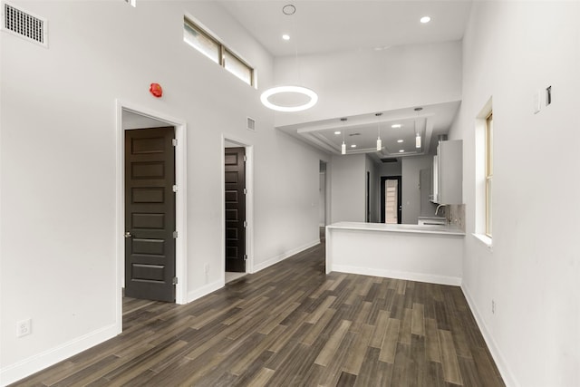 4817 Los Angeles St, Houston, TX 77026 - unfurnished living room featuring recessed lighting, dark wood-style flooring, a towering ceiling, and a tray ceiling
