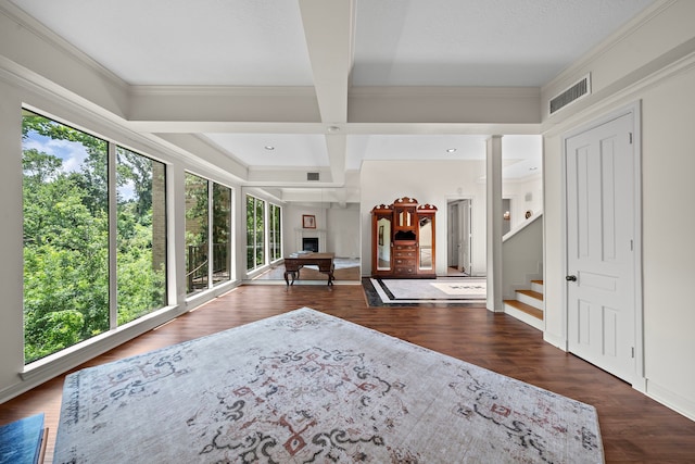 9 Farther Pt, Houston, TX 77024 - foyer entrance featuring healthy amount of natural light, coffered ceiling, stairway, dark wood finished floors, and beam ceiling