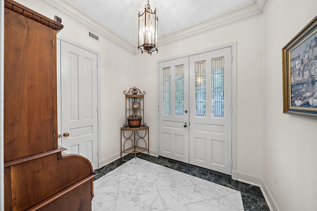 9 Farther Pt, Houston, TX 77024 - foyer entrance featuring marble finish flooring, ornamental molding, and a chandelier