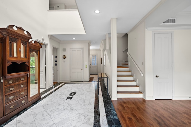 9 Farther Pt, Houston, TX 77024 - foyer entrance featuring crown molding, stairway, recessed lighting, and marble finish flooring