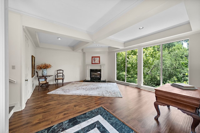 9 Farther Pt, Houston, TX 77024 - living area featuring plenty of natural light, ornamental molding, beam ceiling, recessed lighting, and a high end fireplace