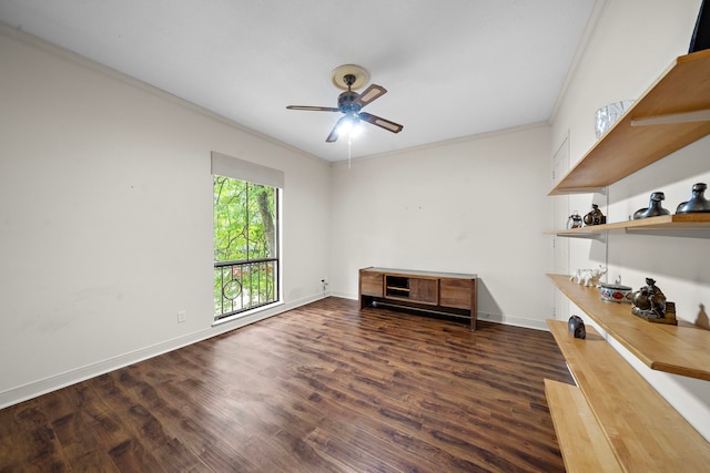 9 Farther Pt, Houston, TX 77024 - living area with crown molding, ceiling fan, and dark wood-type flooring