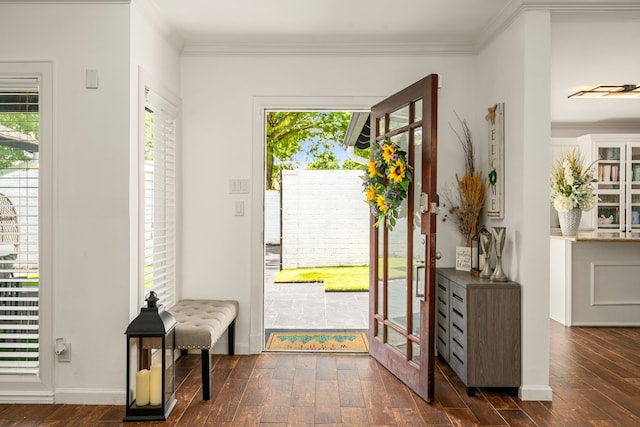 12422 Cobblestone Dr, Houston, TX 77024 - entryway with dark wood finished floors, ornamental molding, and healthy amount of natural light
