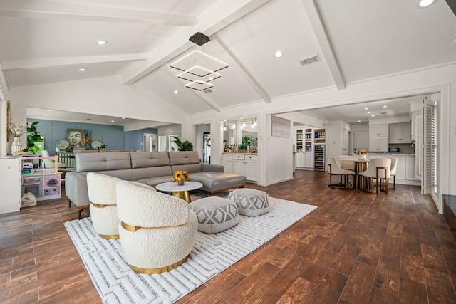 12422 Cobblestone Dr, Houston, TX 77024 - living room with wine cooler, dark wood-style flooring, a chandelier, and recessed lighting