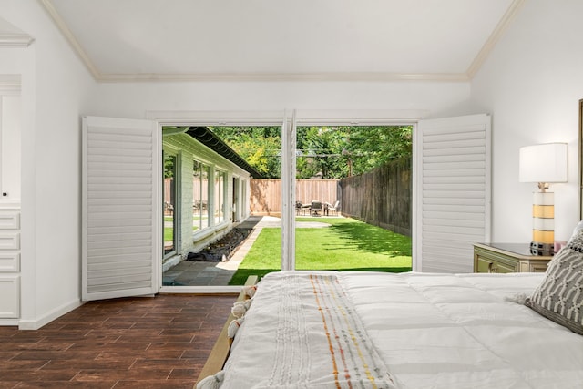 12422 Cobblestone Dr, Houston, TX 77024 - unfurnished bedroom with crown molding, access to exterior, and wood finished floors