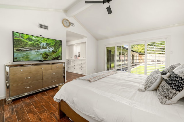 12422 Cobblestone Dr, Houston, TX 77024 - bedroom with dark wood-style floors, crown molding, and ceiling fan