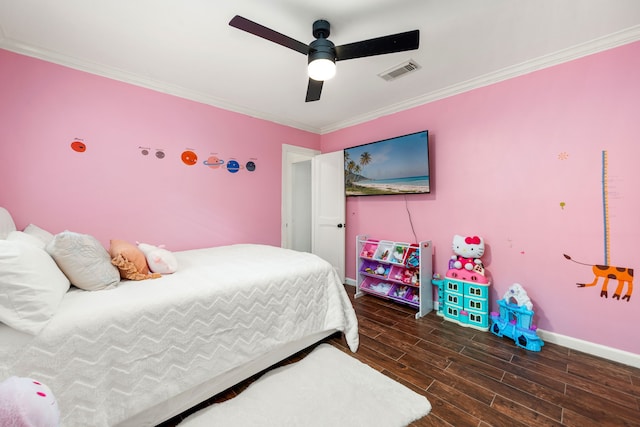 12422 Cobblestone Dr, Houston, TX 77024 - bedroom with crown molding, wood finished floors, and a ceiling fan