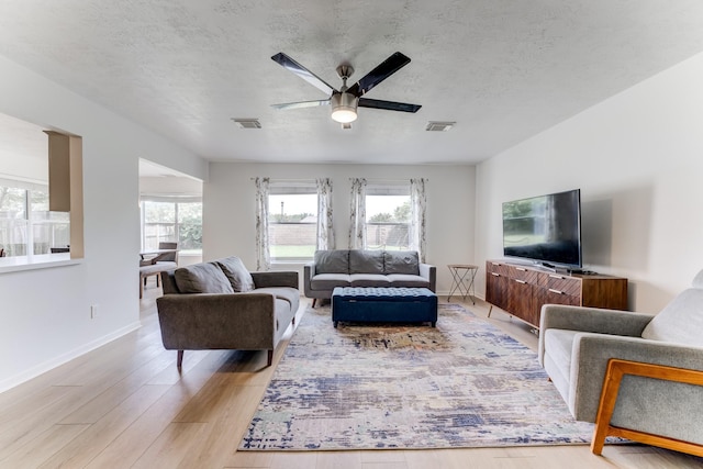 17814 Placid Oak Ct, Cypress, TX 77433 - living area featuring ceiling fan, light wood-style flooring, and a textured ceiling