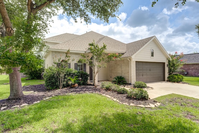 17814 Placid Oak Ct, Cypress, TX 77433 - single story home with brick siding, a garage, driveway, roof with shingles, and a front lawn
