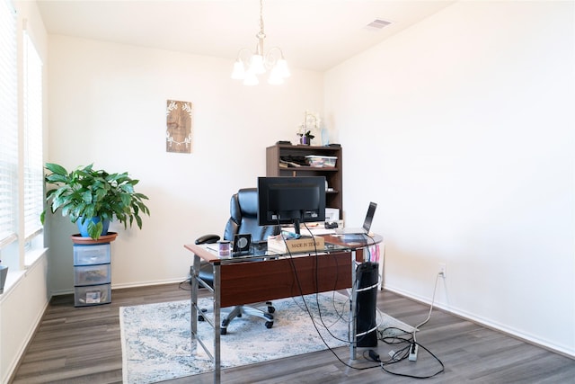 18802 Verdura Dr, New Caney, TX 77357 - home office featuring wood finished floors, plenty of natural light, and a chandelier