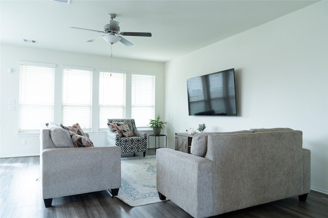 18802 Verdura Dr, New Caney, TX 77357 - living area with dark wood-style floors and ceiling fan