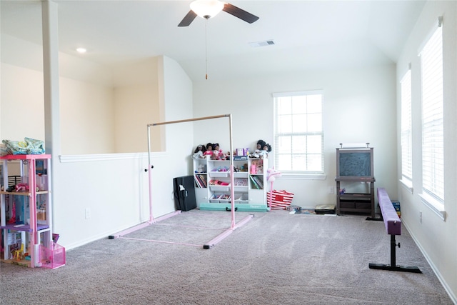 18802 Verdura Dr, New Caney, TX 77357 - playroom with carpet, ceiling fan, and vaulted ceiling