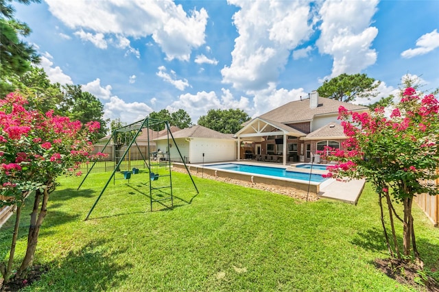 10906 Silverado Trace Dr, Houston, TX 77095 - view of pool featuring a playground, a fenced backyard, and a patio