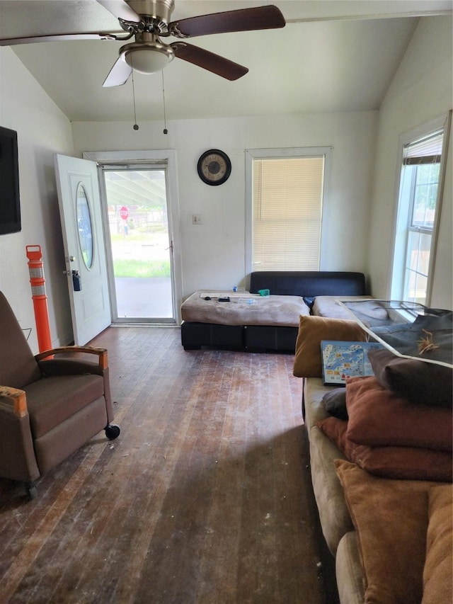 4802 Hain St, Houston, TX 77009 - living area with hardwood / wood-style floors, plenty of natural light, ceiling fan, and lofted ceiling