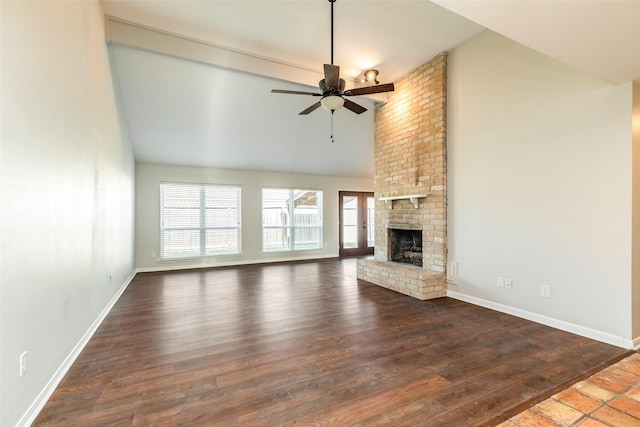 11822 Poplar Creek Dr, Houston, TX 77077 - unfurnished living room with a ceiling fan, a fireplace, wood finished floors, and high vaulted ceiling