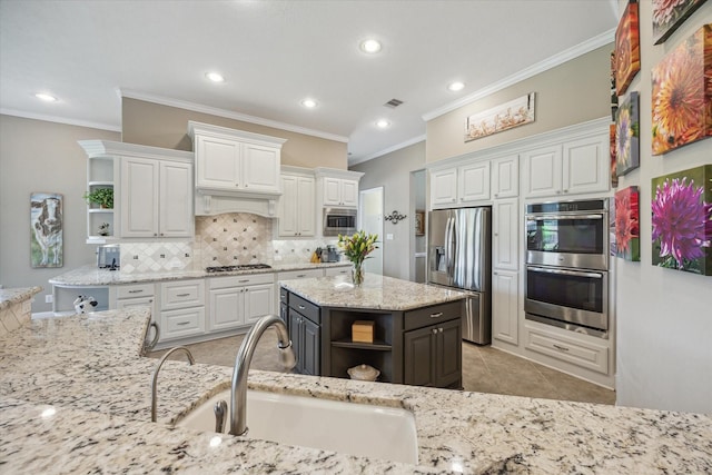 28114 Bayou Cove Ct, Fulshear, TX 77441 - kitchen with open shelves, stainless steel appliances, white cabinetry, backsplash, and recessed lighting