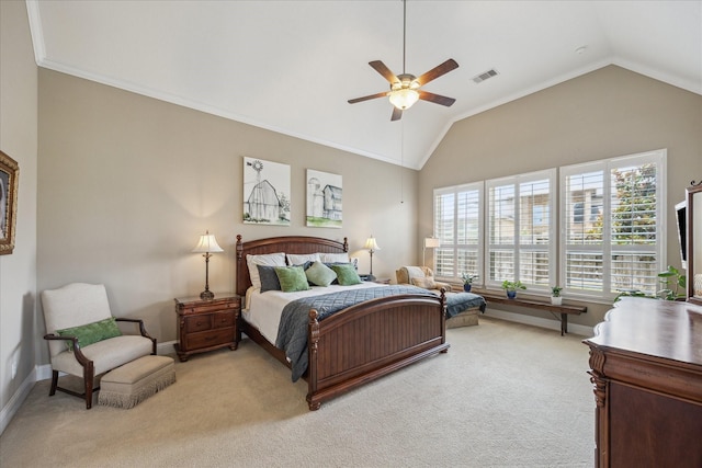 28114 Bayou Cove Ct, Fulshear, TX 77441 - bedroom with multiple windows, light carpet, lofted ceiling, ornamental molding, and a ceiling fan