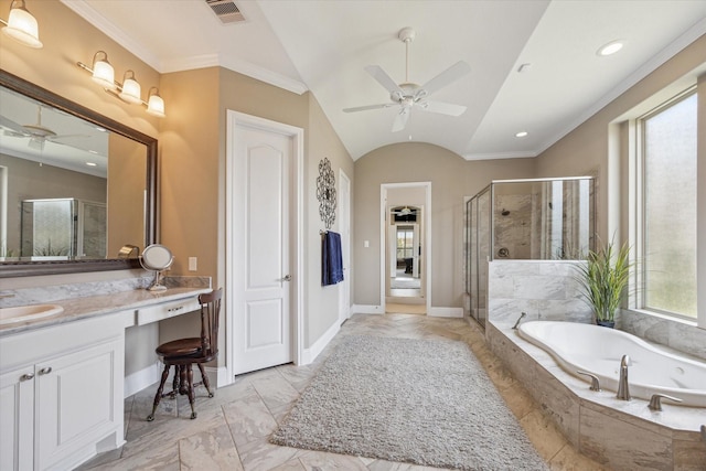 28114 Bayou Cove Ct, Fulshear, TX 77441 - bathroom featuring ceiling fan, marble finish floors, vanity, a garden tub, and a shower stall