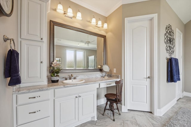 28114 Bayou Cove Ct, Fulshear, TX 77441 - bathroom featuring marble look tiles, vanity, ornamental molding, and a ceiling fan
