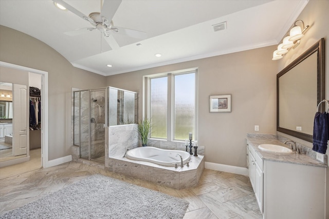 28114 Bayou Cove Ct, Fulshear, TX 77441 - bathroom featuring vanity, a stall shower, a bath, ornamental molding, and ceiling fan