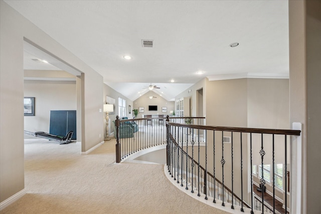 28114 Bayou Cove Ct, Fulshear, TX 77441 - corridor featuring an upstairs landing, carpet floors, recessed lighting, and lofted ceiling