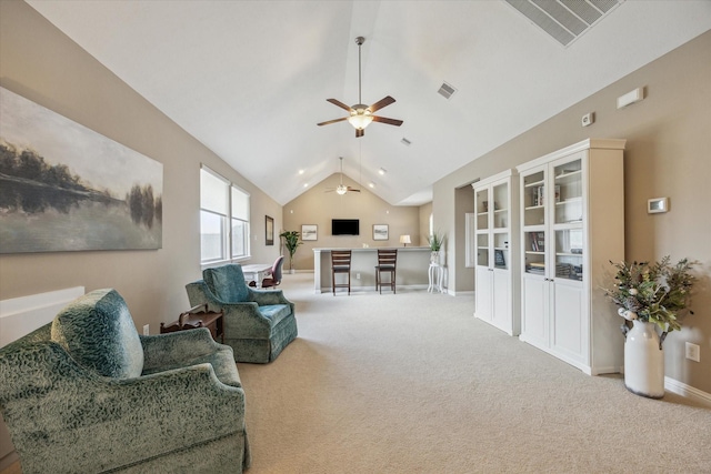 28114 Bayou Cove Ct, Fulshear, TX 77441 - carpeted living room with a ceiling fan and vaulted ceiling