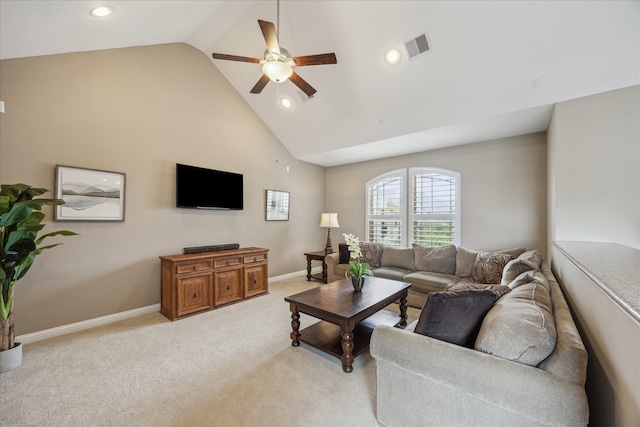 28114 Bayou Cove Ct, Fulshear, TX 77441 - living room with a ceiling fan, high vaulted ceiling, recessed lighting, and light carpet