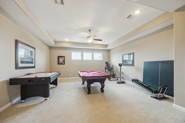 28114 Bayou Cove Ct, Fulshear, TX 77441 - game room with light colored carpet, pool table, a ceiling fan, recessed lighting, and a tray ceiling