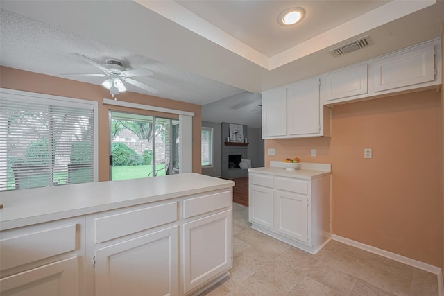 3031 The Highlands Dr, Sugar Land, TX 77478 - kitchen with light countertops, a ceiling fan, and white cabinetry