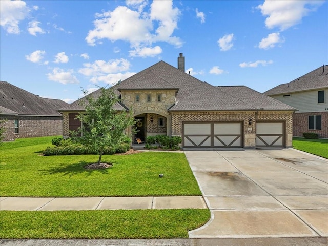3062 Tradinghouse Creek Ln, League City, TX 77573 - french country home with a garage, concrete driveway, and a front lawn