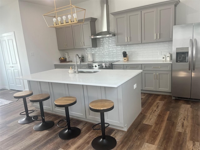 209 Edgewood St Unit C, Houston, TX 77011 - kitchen with stainless steel fridge with ice dispenser, gray cabinetry, wall chimney exhaust hood, and dark wood-style flooring