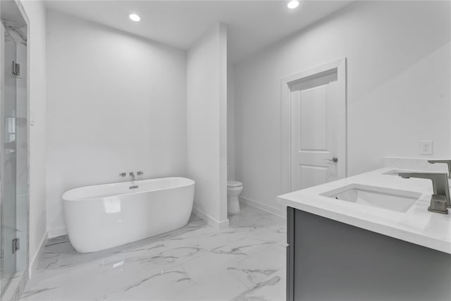 209 Edgewood St Unit C, Houston, TX 77011 - bathroom with recessed lighting, a soaking tub, double vanity, marble look tiles, and a stall shower