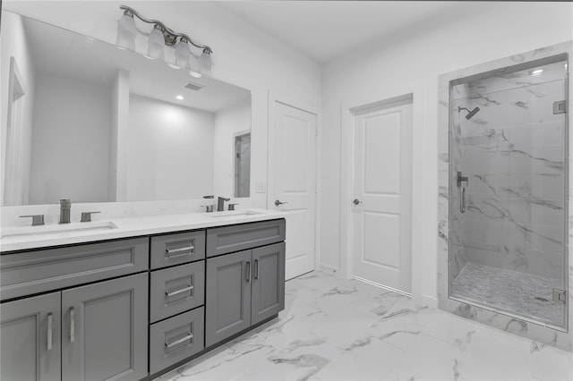 209 Edgewood St Unit C, Houston, TX 77011 - bathroom featuring a marble finish shower, double vanity, marble look tile flooring, and recessed lighting