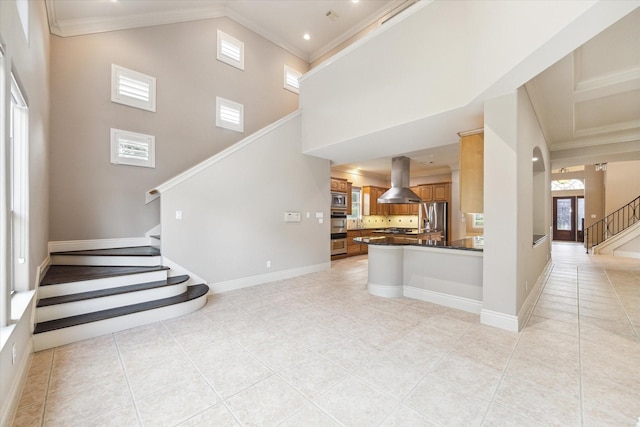 5215 Eagle Pointe Ct, Sugar Land, TX 77479 - unfurnished living room featuring ornamental molding, stairway, light tile patterned floors, a high ceiling, and recessed lighting